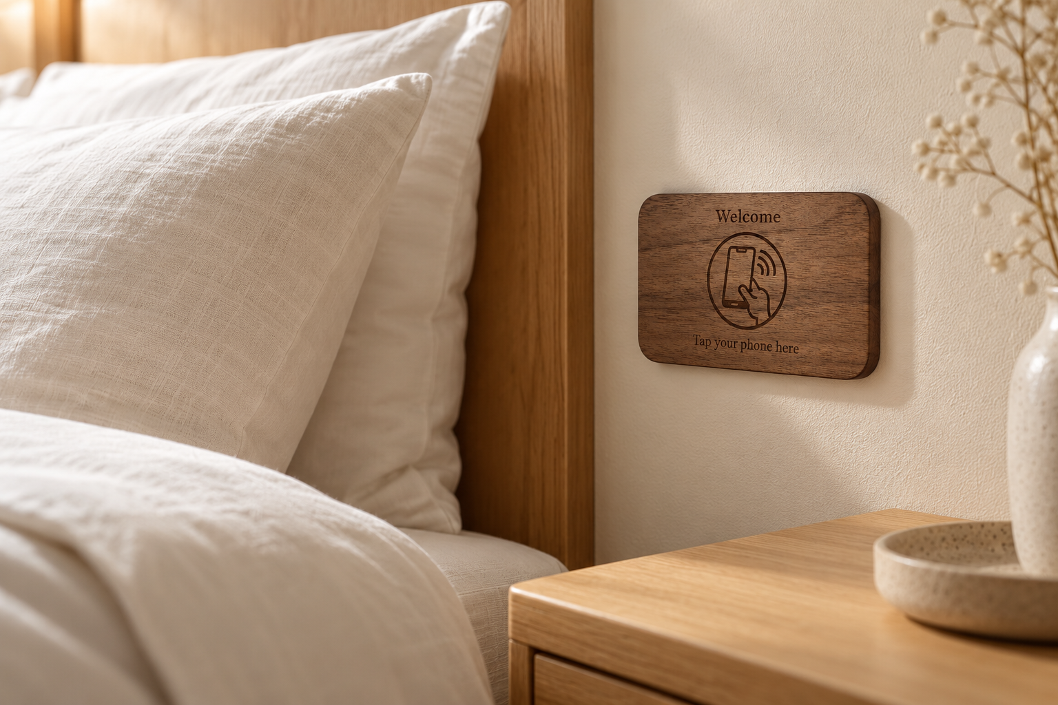 Wavemond NFC-plade i valnød monteret på væggen ved sengen på hotelværelset